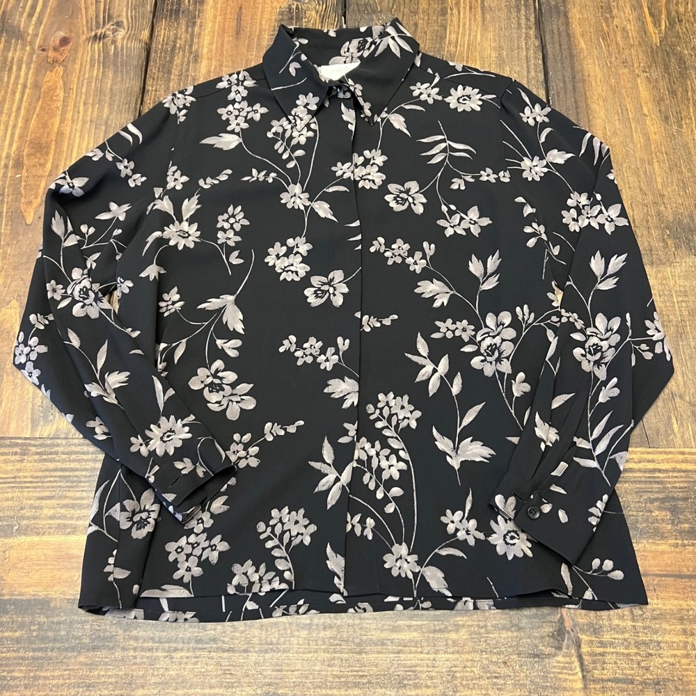 JONES NEW YORK PETITE Black Floral Silk Button Down Shirt Blouse Women's‎ 8P